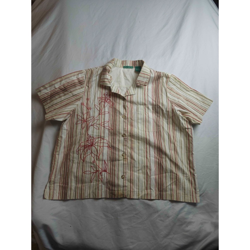 Emerald Isle Button Up‎ Womens XL Beige Red Striped Floral Embroidered Boho Y2K